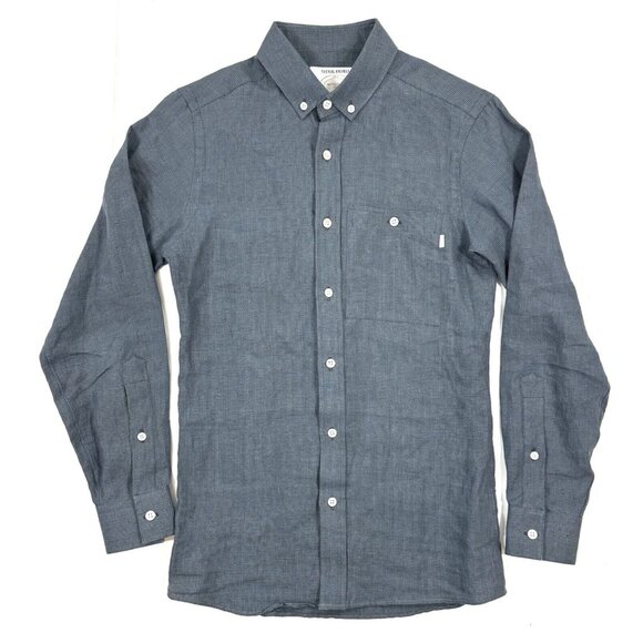 Patrik Ervell Button Collar Shirt Mens Sz XS Cotton Linen Blue Gray Long Sleeve